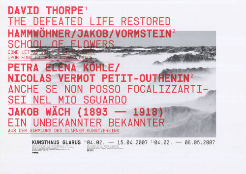 David Thorpe, Hammwöhner / Jakob / Vormstein, Petra Elena Köhle / Nicolas Vermot Petit-Outhenin, Jakob Wäch, Kunsthaus Glarus