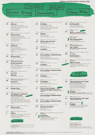 Theater Basel, Grosse Bühne, Komödie, Kleine Bühne, Spielplan vom 18. November bis 2. Dezember 1988