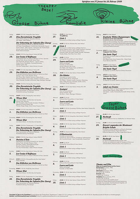 Theater Basel, Grosse Bühne, Komödie, Kleine Bühne, Spielplan vom 27. Januar bis 10. Februar 1989