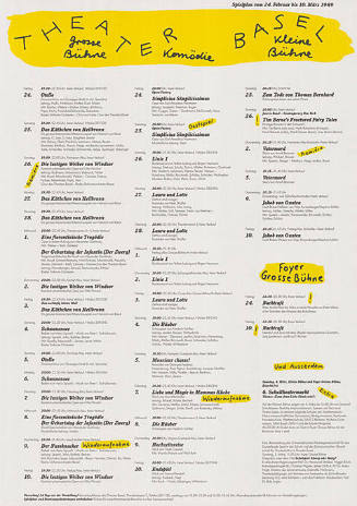 Theater Basel, Grosse Bühne, Komödie, Kleine Bühne, Spielplan vom 24. Februar bis 10. März 1989