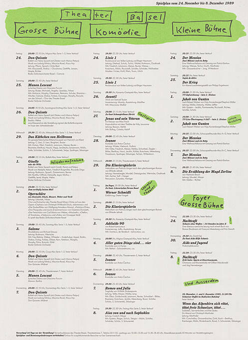 Theater Basel, Grosse Bühne, Komödie, Kleine Bühne, Spielplan vom 24. November bis 8. Dezember 1989