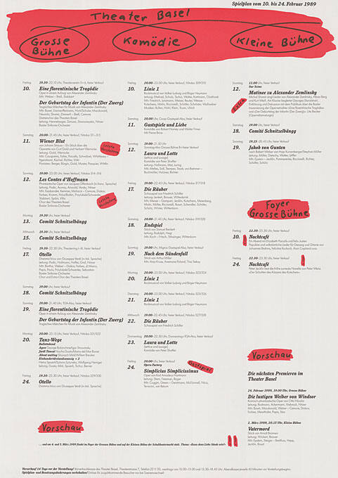 Theater Baeel, Grosse Bühne, Komödie, Kleine Bühne, Spielplan vom 10. bis 24. Februar 1989