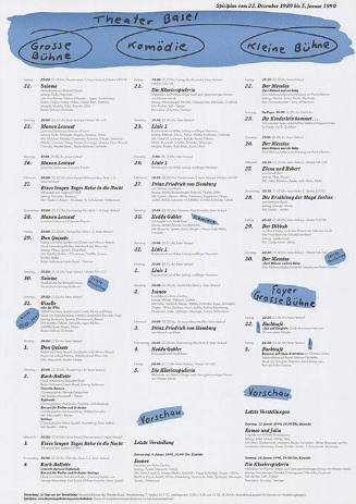 Theater Basel, Grosse Bühne, Komödie, Kleine Bühne, Spielplan vom 22. Dezember 1989 bis 5. Januar 1990