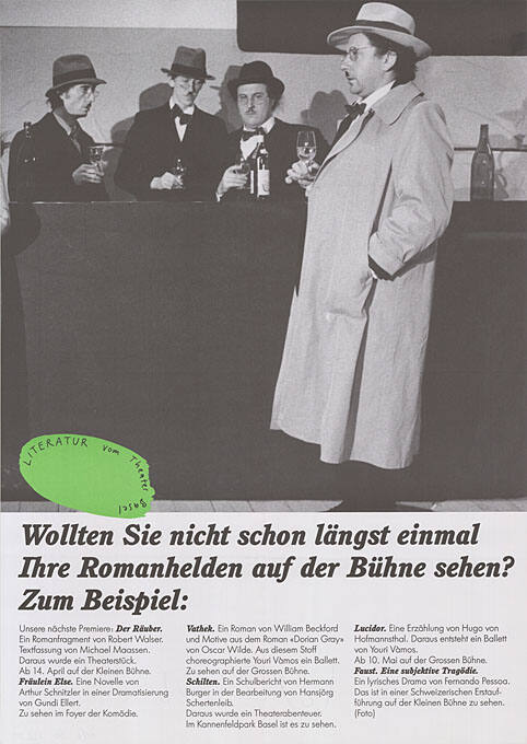 Wollten Sie nicht schon längst einmal Ihre Romanhelden auf der Bühne sehen? Zum Beispiel: […] Literatur vom Theater Basel