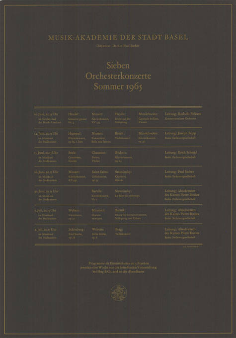 Sieben Orchesterkonzerte Sommer 1965, Musik-Akademie der Stadt Basel