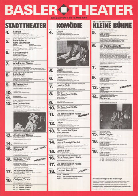 Theater Basel, Grosse Bühne, Komödie, Kleine Bühne, Spielplan vom 4. bis 18. März 1988