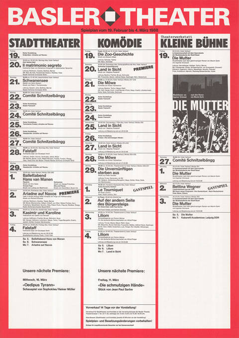 Theater Basel, Grosse Bühne, Komödie, Kleine Bühne, Spielplan vom 19. Februar bis 4. März 1988