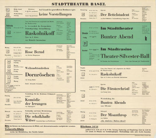 Stadttheater Basel, In Anwesenheit des Komponisten, Deutschsprachige Erstaufführung, Raskolnikoff, Oper in 2 Akten von Heinrich Sutermeister