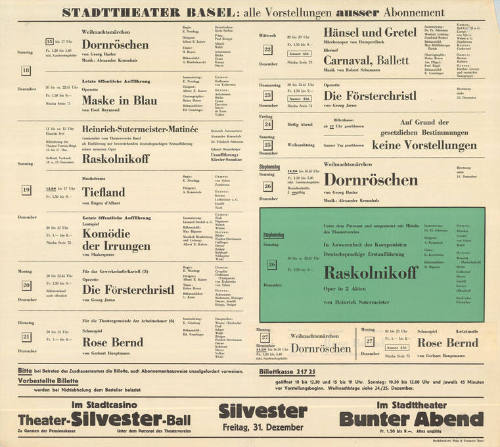 Stadttheater Basel: alle Vorstellungen ausser Abonnement, In Anwesenheit des Komponisten, Deutschsprachige Erstaufführung, Raskolnikoff, Oper in 2 Akten von Heinrich Sutermeister