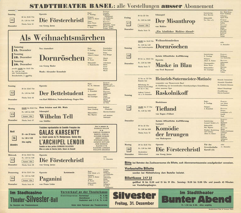 Stadttheater Basel: alle Vorstellungen ausser Abonnement, Als Weihnachtsmärchen, Neu einstudiert, Dornröschen