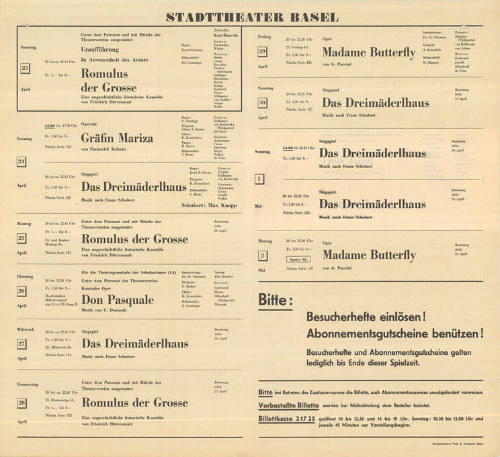 Stadttheater Basel, Uraufführung, In Anwesenheit des Autors, Romulus der Grosse, Eine ungeschichtliche historische Komödie von Friedrich Dürrenmatt