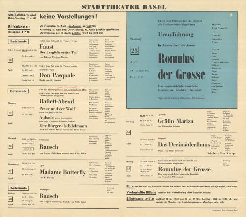 Stadttheater Basel, Uraufführung, In Anwesenheit des Autors, Romulus der Grosse, Eine ungeschichtliche historische Komödie von Friedrich Dürrenmatt