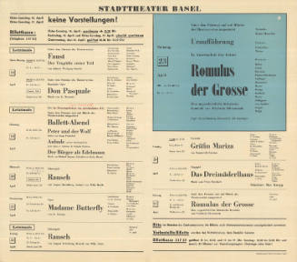 Stadttheater Basel, Uraufführung, In Anwesenheit des Autors, Romulus der Grosse, Eine ungeschichtliche historische Komödie von Friedrich Dürrenmatt