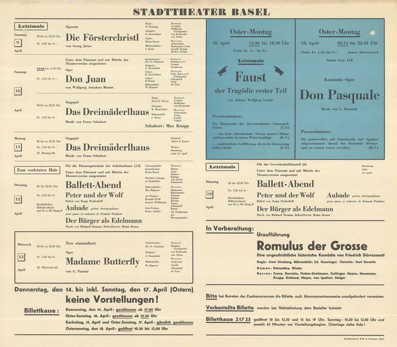 Stadttheater Basel, In Vorbereitung: Uraufführung, Romulus der Grosse, Eine ungeschichtliche historische Komödie von Friedrich Dürrenmatt