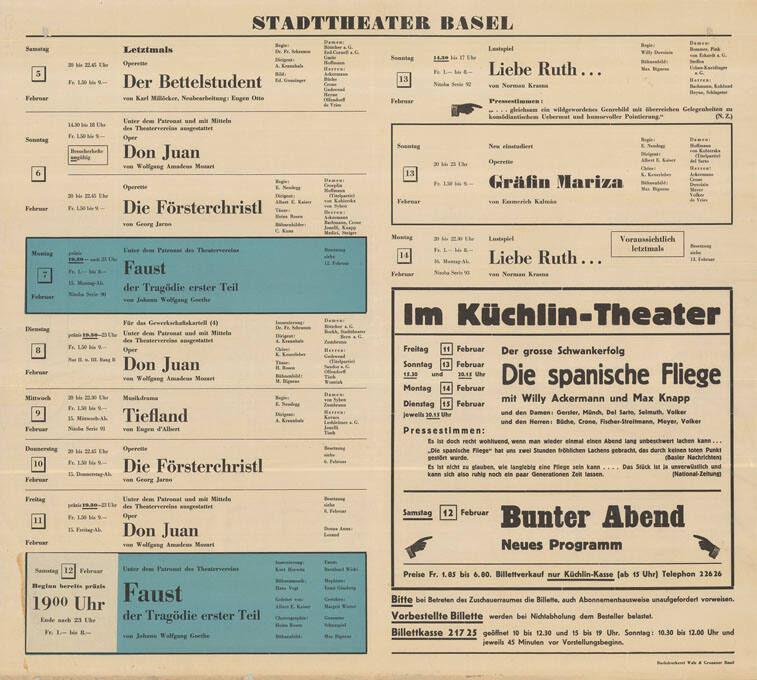 Stadttheater Basel, Faust, Im Küchlin-Theater, Die spanische Fliege