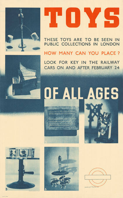 Toys of all Ages, These toys are to be seen in public collections in London, How many can you place? Look for key in the railway cars on and after February 24