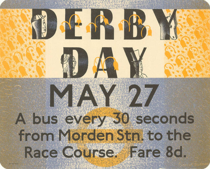 Derby Day, May 27, A bus every 30 seconds from Morden Stn. to the Race Course. Fare 8d.