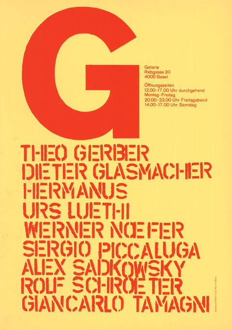 Theo Gerber, Dieter Glasmacher, Hermanus, Urs Luethi, Werber Noefer, Sergio Piccaluga, Alex Sadkowsky, Rolf Schroeter, Giancarlo Tamagni, G-Galerie, Basel