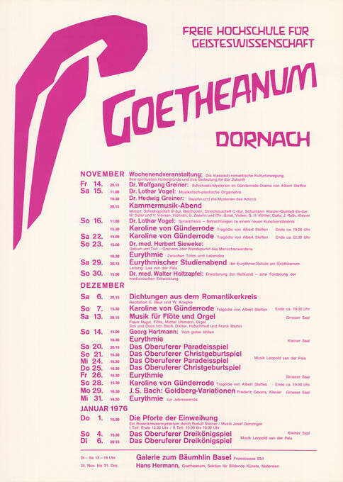 Goetheanum Dornach, Programm November / Dezember / Januar 1976