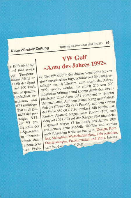 Neue Zürcher Zeitung, VW Golf, «Auto des Jahres 1992»