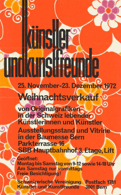 Künstler und Kunstfreunde, Weihnachtsverkauf von Originalgrafiken in der Schweiz lebender Künstlerinnen und Künstler, Ausstellungsstand und Vitrine in der Baumesse Bern