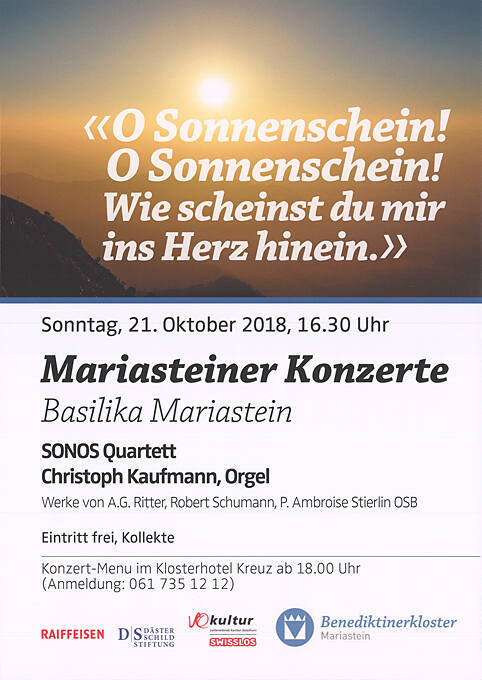 «Oh Sonnenschein! […]», Mariasteiner Konzerte 2018, Basilika Mariastein