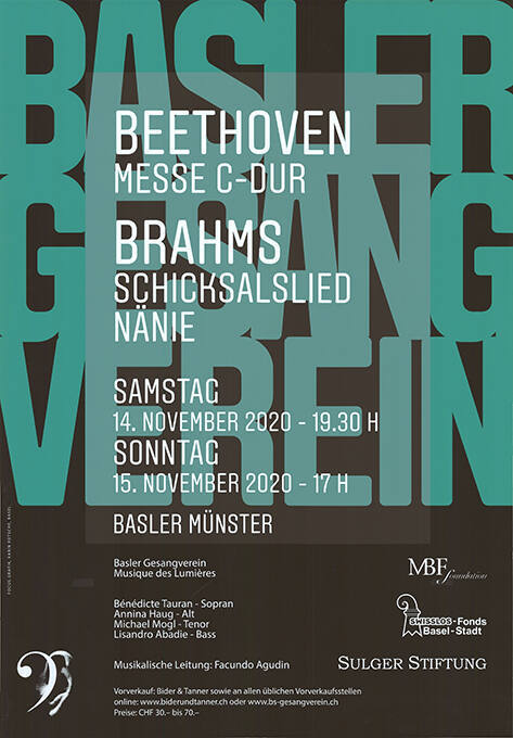 Beethoven, Messer C-Dur, Brahms, Schicksalslied, Nänie, Basler Münster