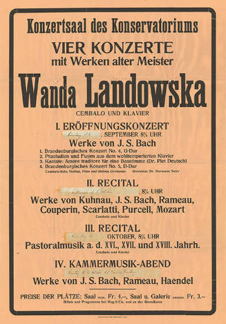 Wanda Landowska, Vier Konzerte mit Werken alter Meister, Konzertsaal des Konservatoriums