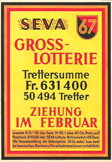 Seva 67, Gross-Lotterie, Treffersumme Fr. 631 400, 50 494 Treffer, Ziehung im Februar