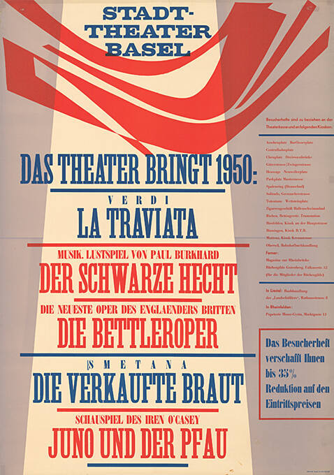 Das Theater bringt 1950: La Traviata, Der schwarze Hecht, Die Bettleroper, Die verkaufte Braut, Juno und der Pfau, Stadttheater Basel