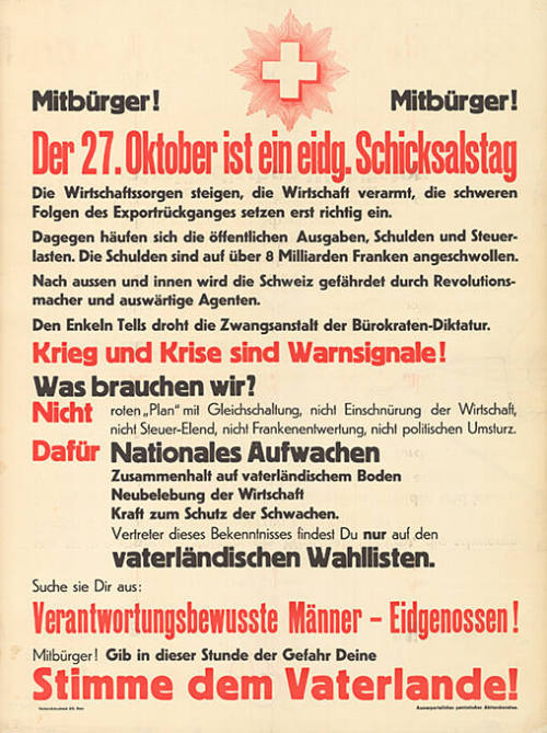 Der 27. Oktober ist ein eidg. Schicksalstag […] Stimme dem Vaterlande!
