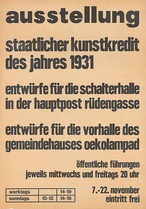 Staatlicher Kunstkredit des Jahres 1931, Entwürfe für die Schalterhalle in der Hauptpost Rüdengasse, Entwürfe für die Vorhalle des Gemeindehauses Oekolampad