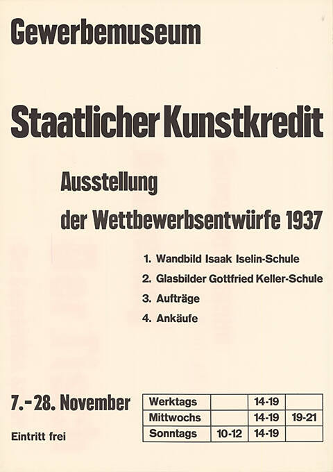 Staatlicher Kunstkredit, Ausstellung der Wettbewerbsentwürfe 1937, Gewerbemuseum Basel