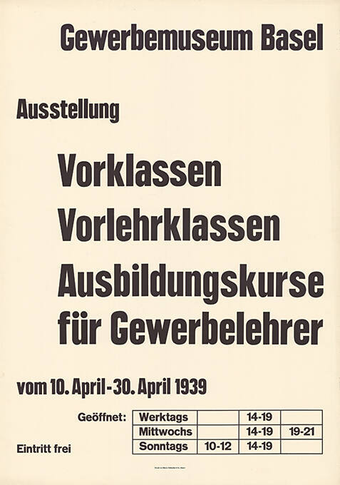 Ausstellung, Vorklassen, Vorlehrklassen, Ausbildungskurse für Gewerbelehrer, Gewerbemuseum Basel