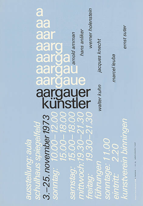 Aargauer Künstler, Arnold Amman, Hans Anliker, Werner Holenstein, Jacques Knecht, Walter Kuhn, Marcel Leuba, Ernst Suter, Schulhaus Spiegelfeld, Kunstverein Binningen