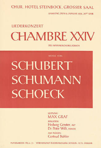 Chambre XXIV, Liederkonzert des Männerchors Zürich, Werke von Schubert, Schumann, Schoeck, Chur, Hotel Steinbock, Grosser Saal