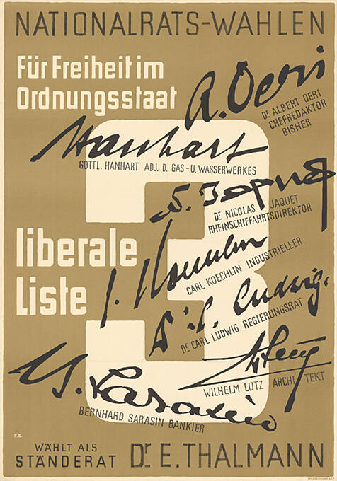 Nationalrats-Wahlen, Für Freiheit im Ordnungsstaat, Liberale Liste 3, Wählt als Ständerat Dr. E. Thalmann