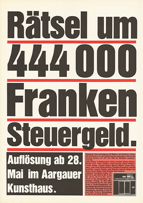 Rätsel um 444 000 Franken Steuergeld. Auflösung ab 28. Mai im Aargauer Kunsthaus.