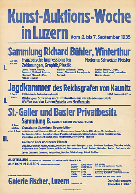 Kunst-Auktions-Woche in Luzern, Sammlung Richard Bühler, Winterthur, Jagdkammer des Reichsgrafen von Kaunitz, St.-Galler und Basler Privatbesitz, Galerie Fischer, Luzern