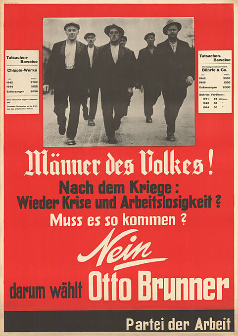 Männer des Volkes! Nach dem Kriege: Wieder Krise und Arbeitslosigkeit? Muss es so kommen? Nein, darum wählt Otto Brunner, Partei der Arbeit