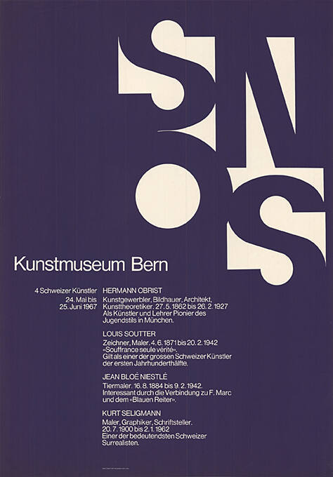 Sons, 4 Schweizer Künstler, Hermann Obrist, Louis Soutter, Jean Bloé Niestlé, Kurt Seligmann, Kunstmuseum Bern