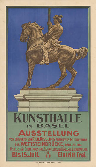 Kunsthalle in Basel, Ausstellung von Entwürfen von Rich. Kissling für die vier Mittelpfeiler der Wettsteinbrücke, Darstellend: Universität, Chem. Industrie, Bandweberei & Färberei, Bierbrauerei.