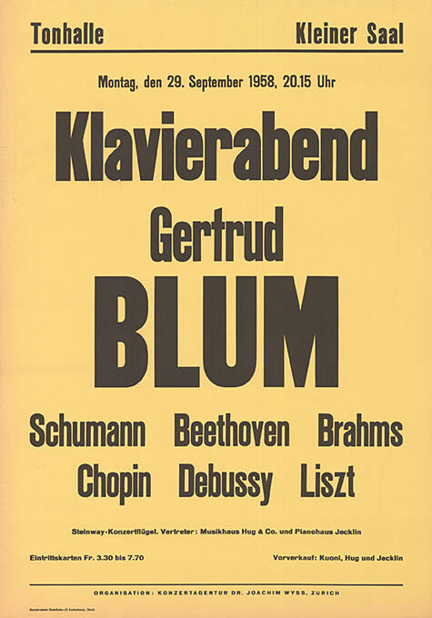 Klavierabend, Gertrud Blum, Tonhalle, Zürich