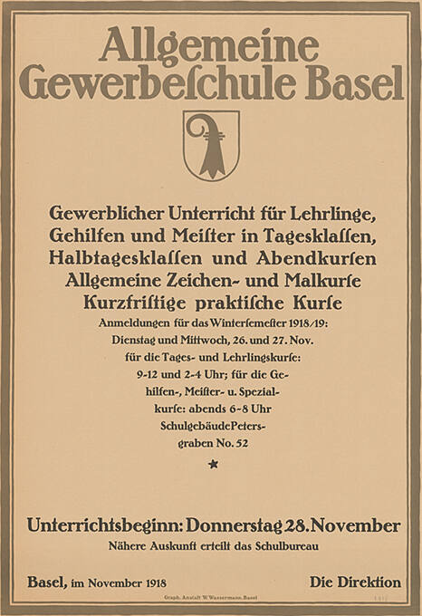 Allgemeine Gewerbeschule Basel, Gewerblicher Unterricht für Lehrlinge, Gehilfen und Meister in Tagesklassen, Halbtagesklassen und Abendkursen, Allgemeine Zeichen- und Malkurse, Kurzfristige praktische Kurse