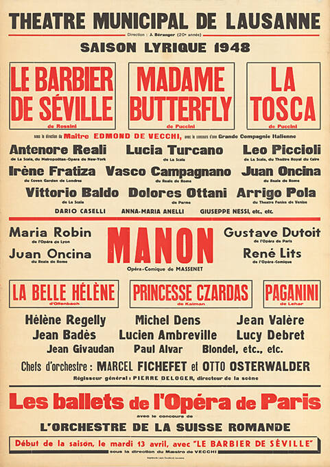 Saison lyrique 1948, Théâtre Municipal de Lausanne