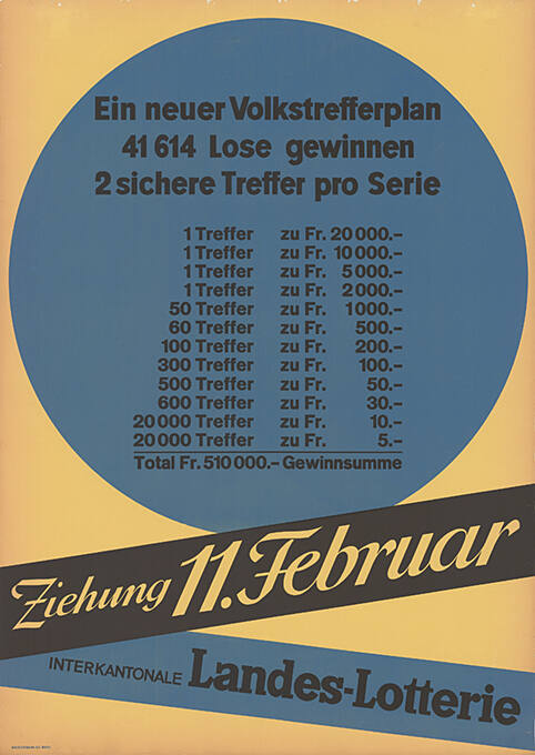 Ein neuer Volkstrefferplan, 41 614 Lose gewinnen, 2 sichere Treffer pro Serie, Ziehung 11. Februar, Interkantonale Landes-Lotterie