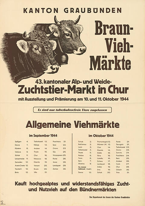 Braun-Vieh-Märkte, Kanton Graubünden, 43. kantonale Alp- und Weide-Zuchtstier-Markt, Chur