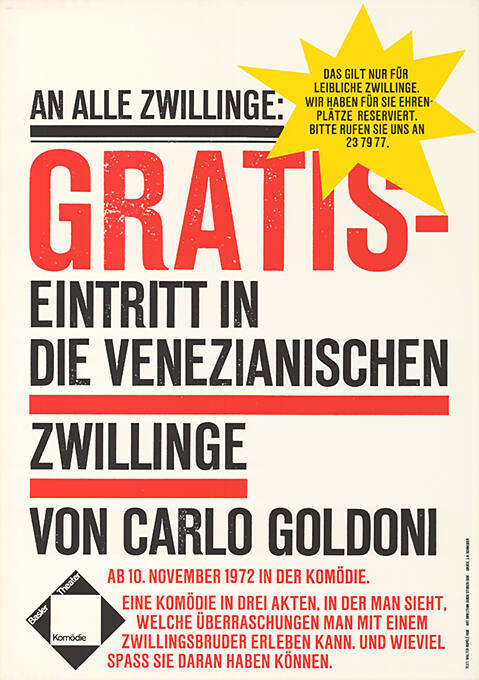 An alle Zwillinge: Gratis-Eintritt in die venezianischen Zwillinge von Carlo Goldoni