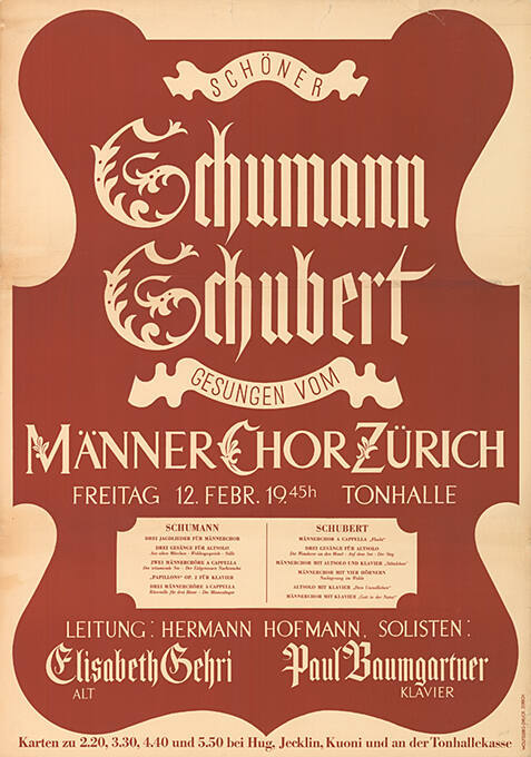 Schumann, Schubert, gesungen vom Männerchor Zürich, Tonhalle