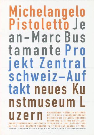 Michelangelo Pistoletto, Jean-Marc Bustamante, Projekt Zentralschweiz - Auftakt, neues Kunstmuseum Luzern